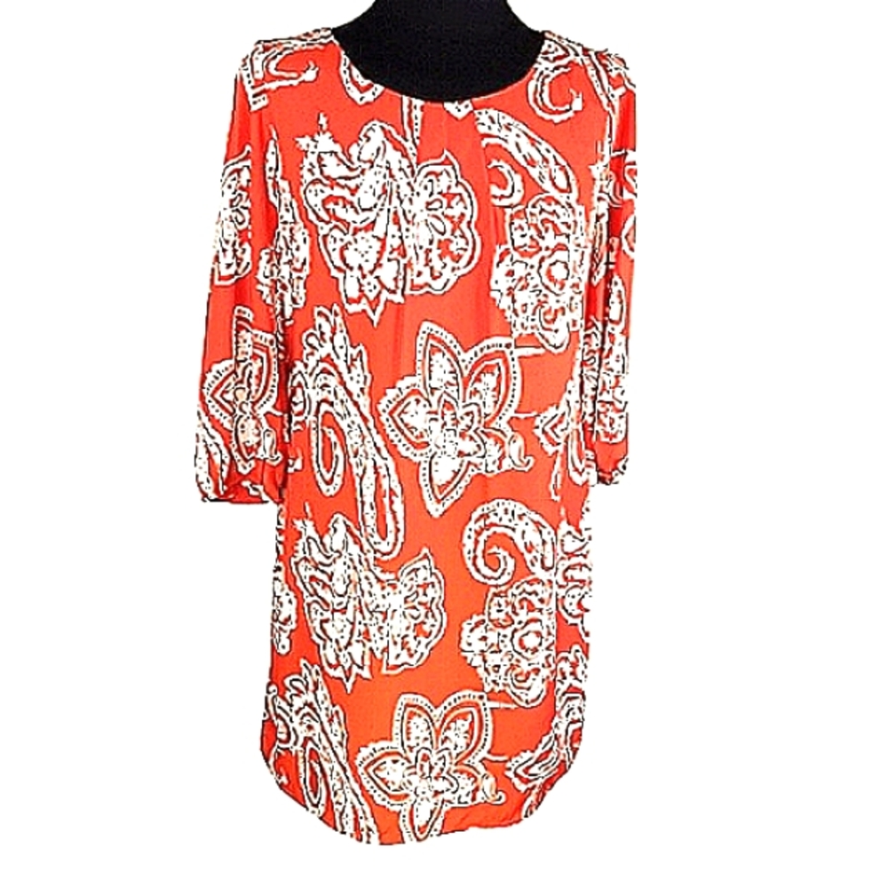 PINK OWL Dress Medium Orange White Floral Shift Knee Length Back Interest
